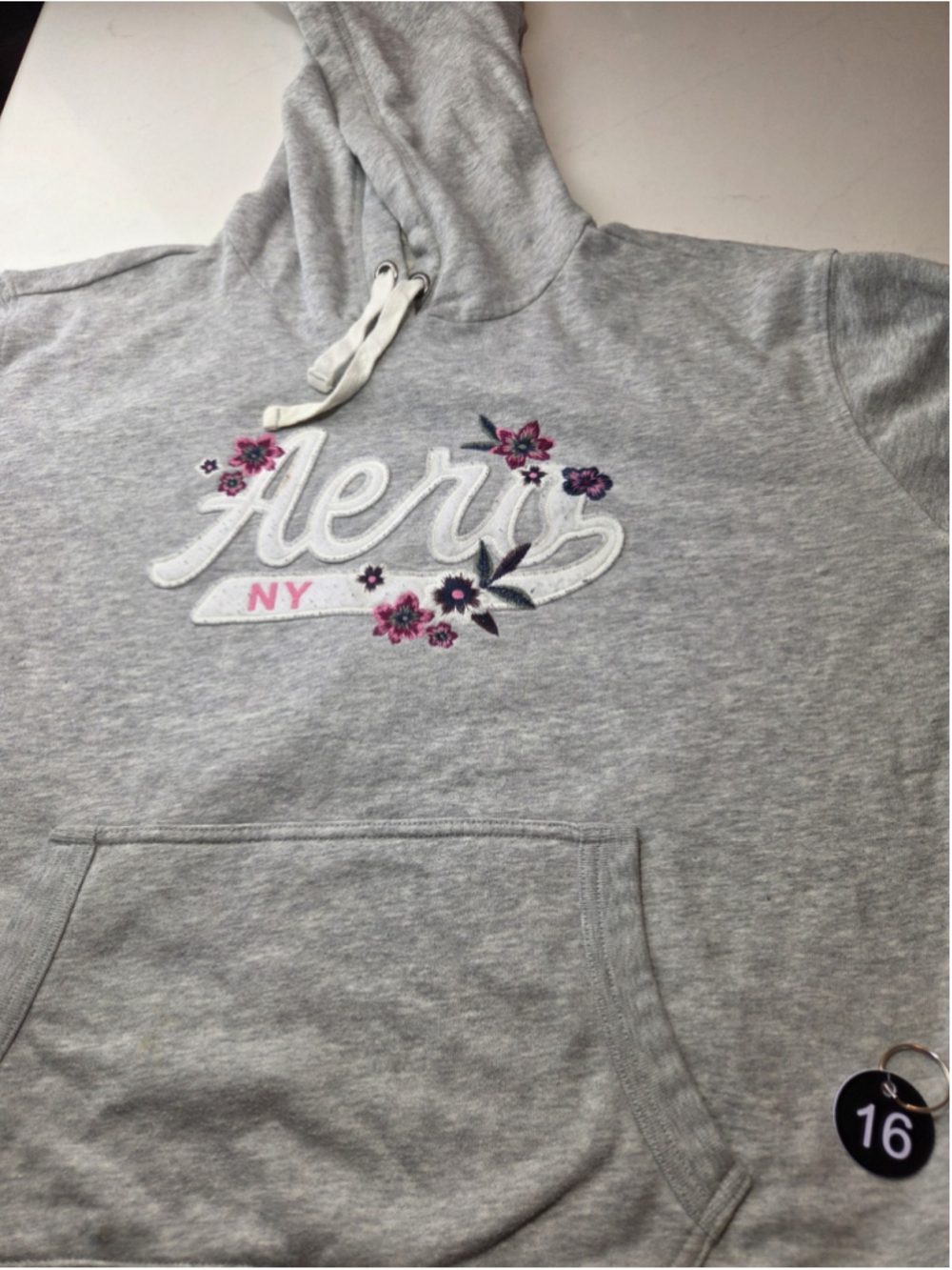 Aeropostale Aero NY Floral Hoodie Womens L Gray Embroidered Pullover #16